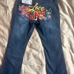 Dark Blue Wide Leg Jeans with Floral "Love" Back Detail size 3